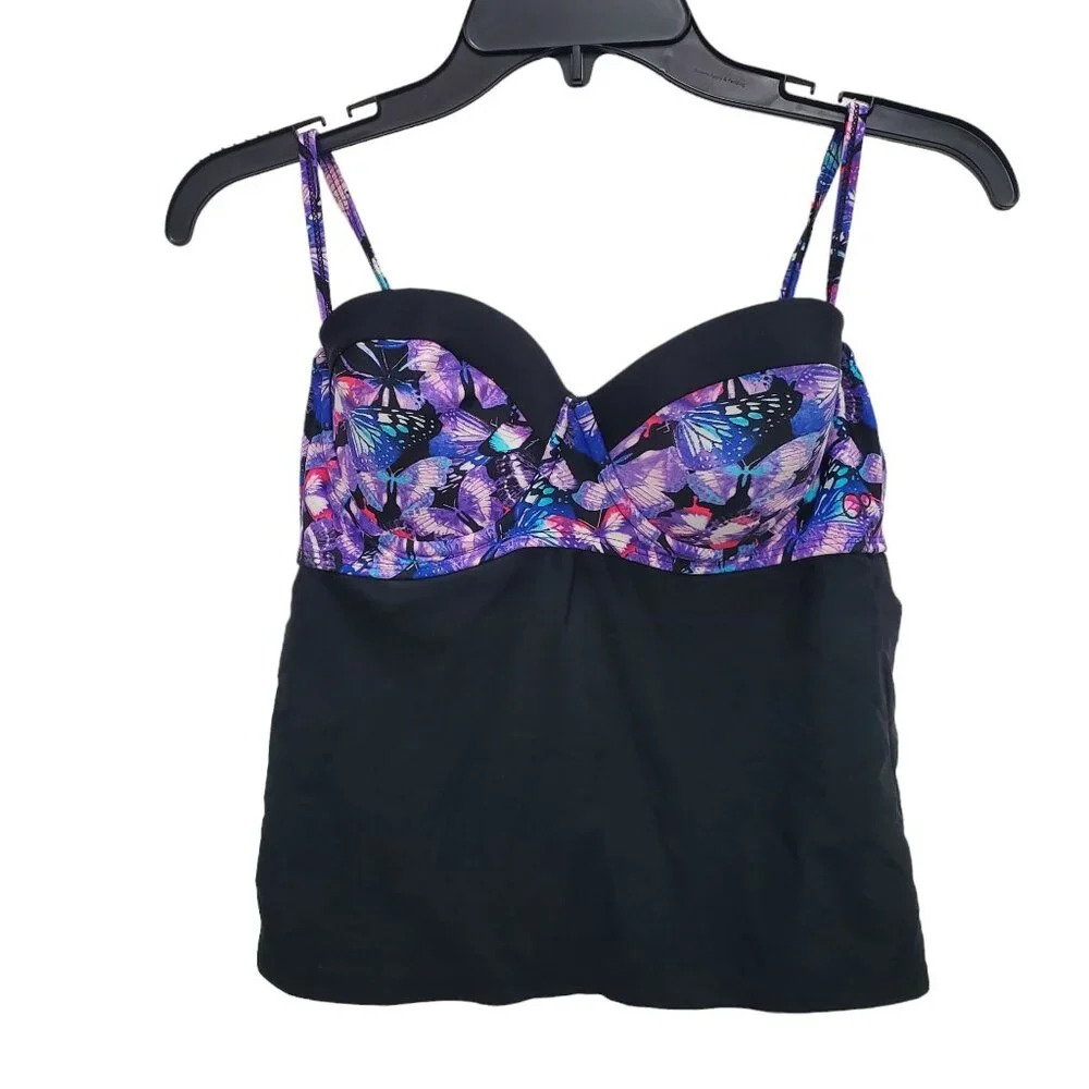OP Junior's Y2K Purple Butterfly Adjustable Open Tie Back Underwire Tankini M‎